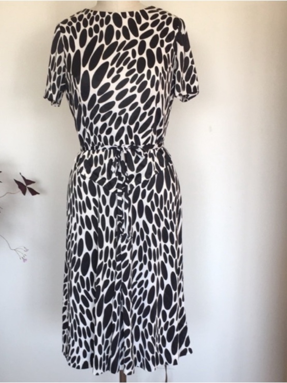 70s nylon mod print knit dress, black and white, true vintage Leslie Pomer S